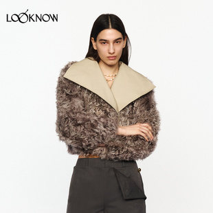 jacques wei X LOOKNOW2026春夏新款灰色羊卷毛风衣领皮草外套