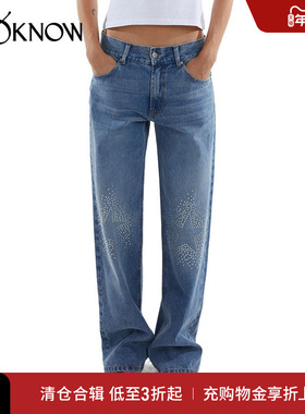 ABRA设计师品牌LOOKNOW 春夏蓝色牛仔星星钉珠长裤女士