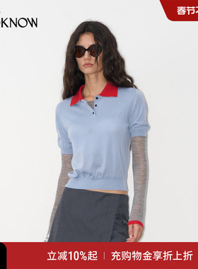 IF BY LAND X LOOKNOW2025秋季浅蓝色假两件POLO领针织衫女