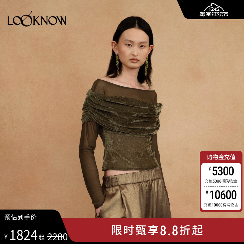 AUTI SEMINARIO x LOOKNOW2025冬季新款拼接网纱植绒一字肩打底