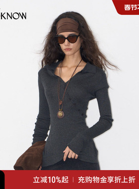 IF BY LAND X LOOKNOW2025秋季爆款深灰色斜门襟翻领上衣女