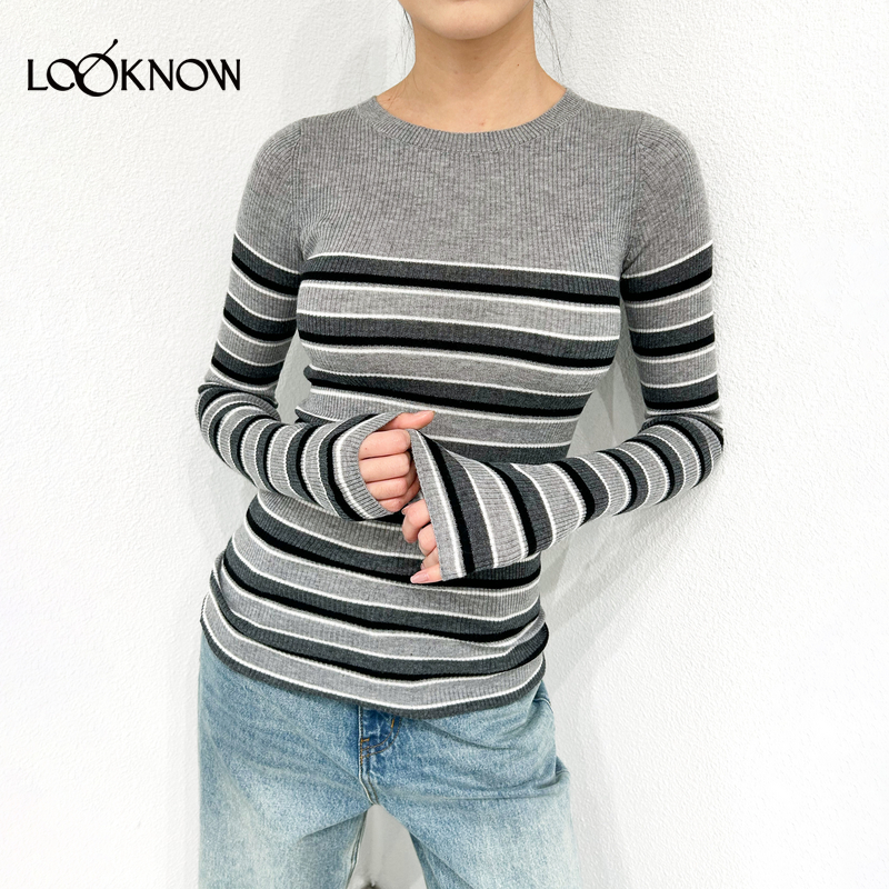 IF BY LAND设计师品牌LOOKNOW2024冬季新条纹撞色圆领羊毛打底衫