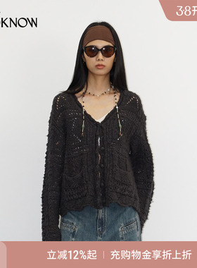 IF BY LAND X LOOKNOW2025秋冬新款深灰色钩花针织开衫女