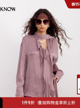 IF BY LAND x LOOKNOW2026春夏新款紫色荷叶边飘带铜氨衬衫