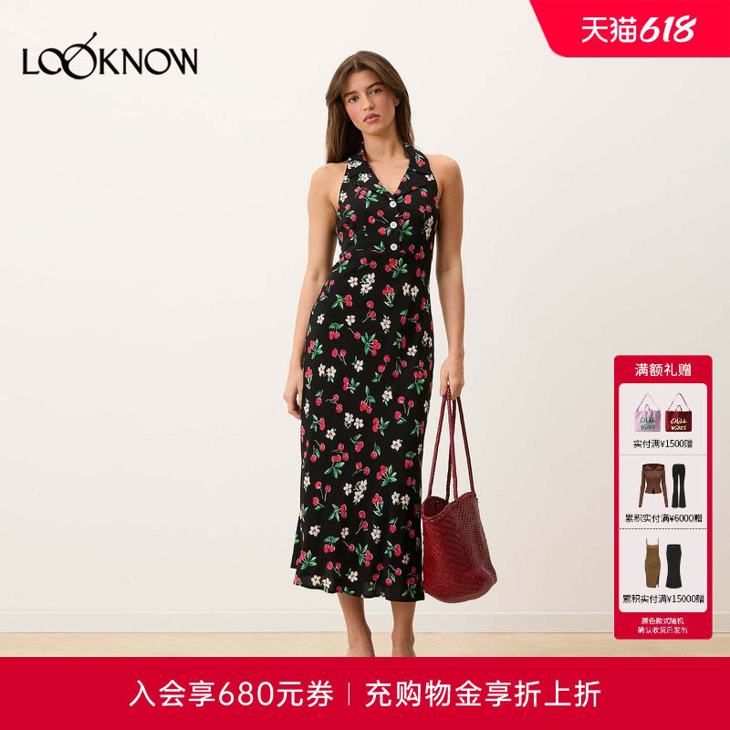 Rouje x LOOKNOW2026春季新款黑色樱桃印花无袖连衣裙