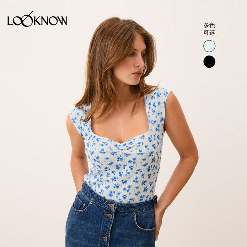 Rouje x LOOKNOW2026春季新款多色碎花方领T恤