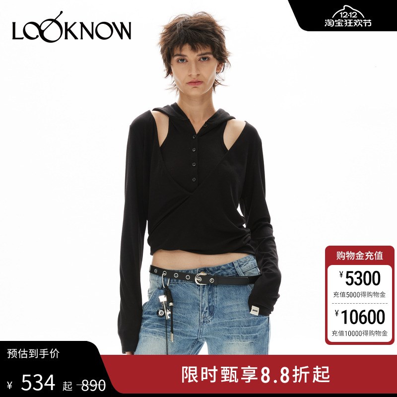 madeinormal设计师品牌LOOKNOW2024秋季新款黑色连帽v领针织衫