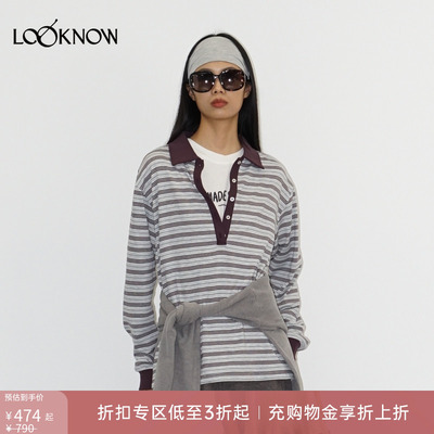 madeinormal X LOOKNOW条纹长袖翻领Polo衫T恤女