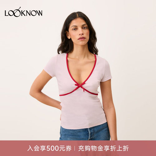Rouje x LOOKNOW2026春季新款多色V领蝴蝶结T恤