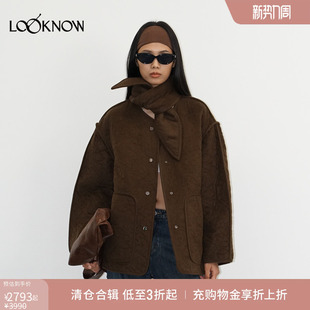 LOOKNOW2025秋冬新款 LAND 深绿色可拆卸围巾棉服女