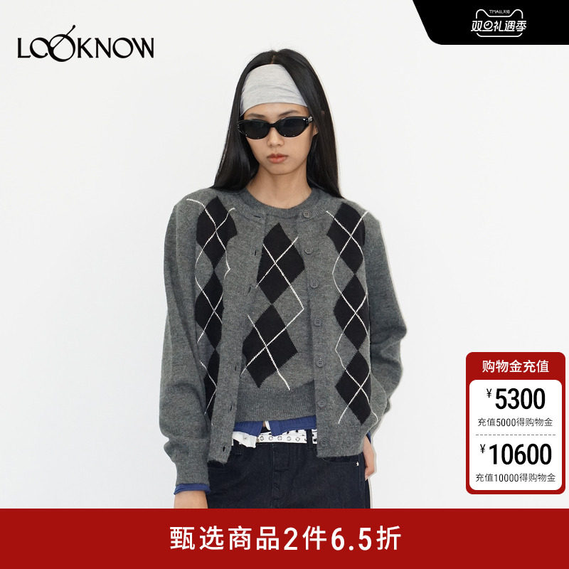 madeinormal X LOOKNOW2025秋冬新款灰色真两件菱形格毛衣女