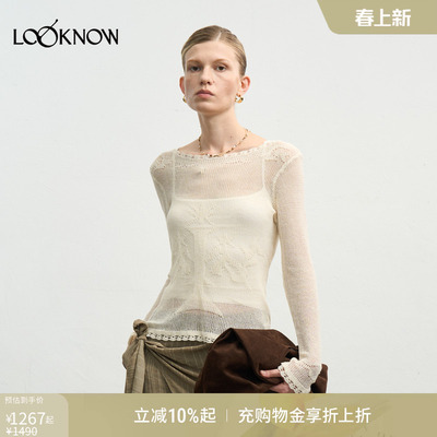 halfmoon x LOOKNOW2025年秋季白色亚麻钩花上衣针织衫女