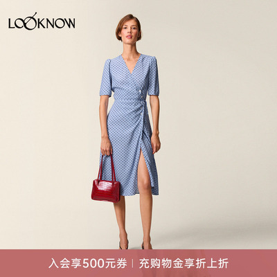 Rouje x LOOKNOW设计师品牌新款波点V领半袖连衣裙女