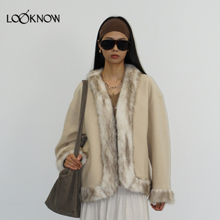 halfmoon x LOOKNOW2025秋冬新款白色拼接毛毛呢外套女