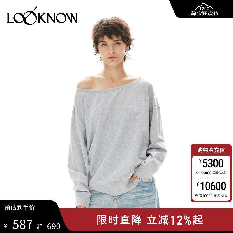 madeinormal设计师品牌LOOKNOW 秋冬24新灰色露肩长袖卫衣女