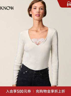 Rouje X LOOKNOW2025年秋季新款V领蕾丝长袖针织衫内搭打底百搭女