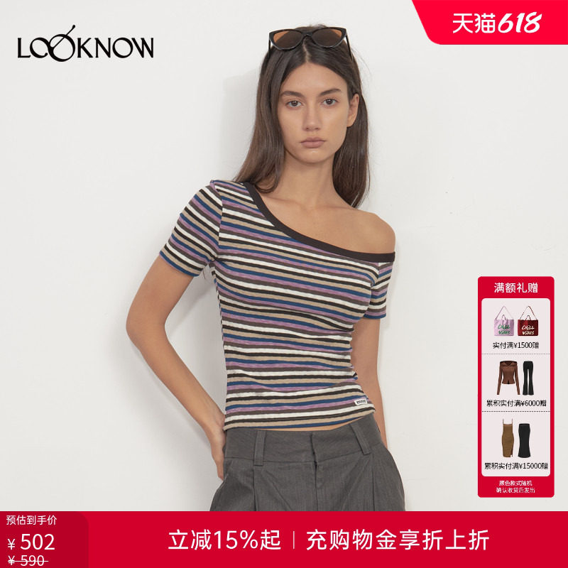 madeinormal设计师品牌LOOKNOW夏新蓝紫色条纹斜肩T恤女