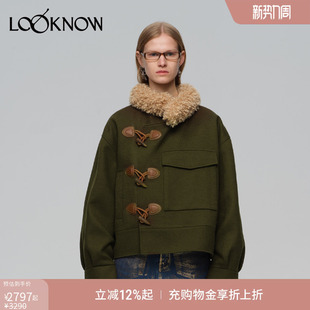 LAND设计师品牌LOOKNOW秋新军绿牛角扣毛领短大衣女