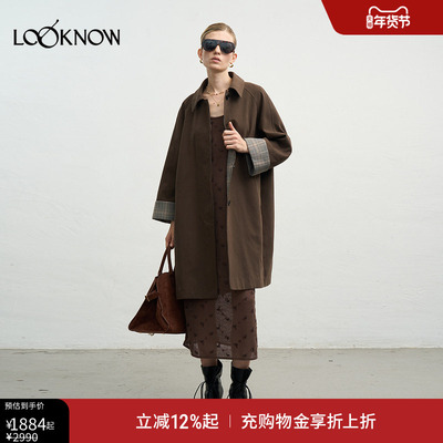 halfmoon x LOOKNOW2025秋季新款深棕色格纹拼接翻领外套