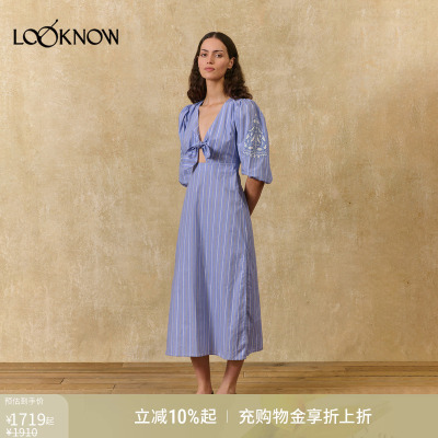 louise misha LOOKNOW26春夏新品蓝色V领条纹连衣裙
