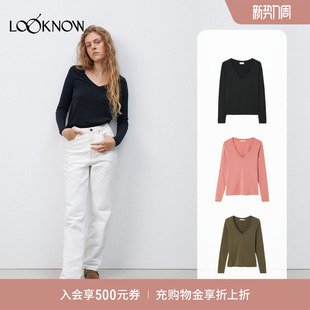 深绿色V领长袖 American LOOKNOW2025年秋季 T恤GAMIPY Vintage