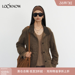 halfmoon x LOOKNOW2025秋冬新款棕色领口拼皮刺绣夹克女