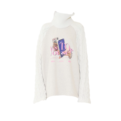 YOUSER设计师品牌LOOKNOW早秋新款白色蓝色印花高领套头衫女