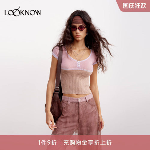 if by land X LOOKNOW2026新品紫色圆领短袖修身衫女