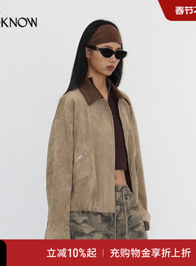 madeinormal X LOOKNOW25秋季新款卡其色PU皮翻领仿麂皮廓形外套