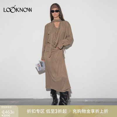 if by land铜氨系列LOOKNOW早秋新款灰绿色铜氨衬衫长款连衣裙女