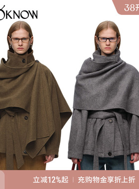 IF BY LAND X LOOKNOW秋新灰色驼色毛呢围巾大衣外套气质极简女