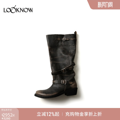 ICE DUST x LOOKNOW2025年早秋新款做旧擦色褶皱骑士靴长靴鞋子女