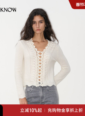 IF BY LAND X LOOKNOW2025秋季新款白色钩织蕾丝羊驼毛开衫女