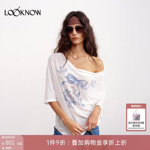 if by land x LOOKNOW2026春夏新款印花一字肩飞鸟蝴蝶结烫钻T恤