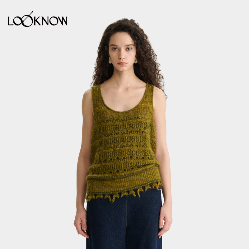 deepmoss  X LOOKNOW2025年秋莲白闪葱蕾丝镂空马海毛混纺背心女