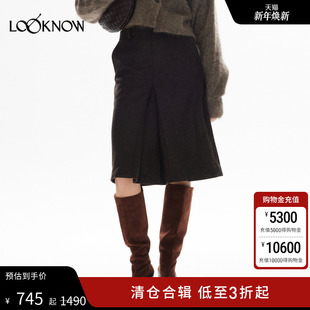 新款 LAND设计师品牌LOOKNOW2024年冬季 咖色毛呢A字半裙女