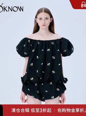 MING MA设计师品牌LOOKNOW春夏新款黑色刺绣一字领花苞上衣