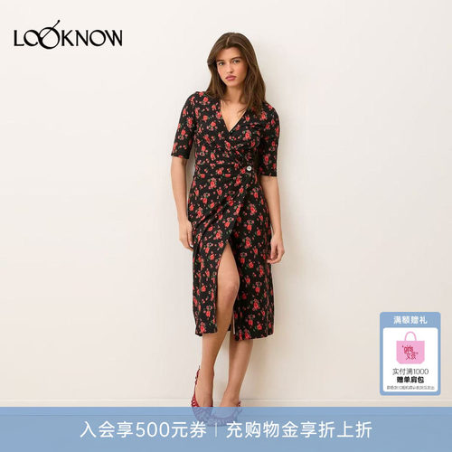 Rouje x LOOKNOW2026春季新款黑色碎花V领连衣裙