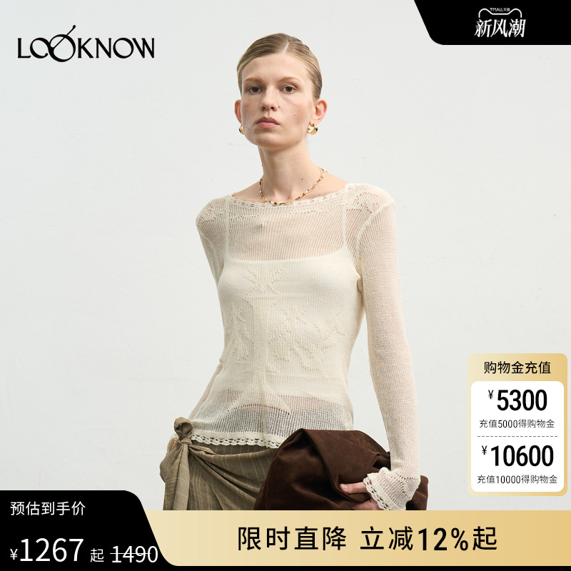 halfmoon x LOOKNOW2025年秋季白色亚麻钩花上衣针织衫女