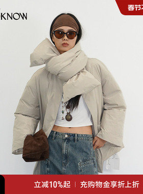 IF BY LAND X LOOKNOW2025冬季新款浅绿色可拆卸围巾羽绒服女