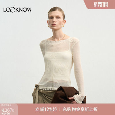 halfmoon x LOOKNOW2025年秋季白色亚麻钩花上衣针织衫女