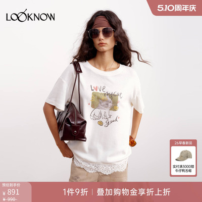 IF BY LAND x LOOKNOW2026春夏新品小猫照片涂鸦印花下摆蕾丝T恤
