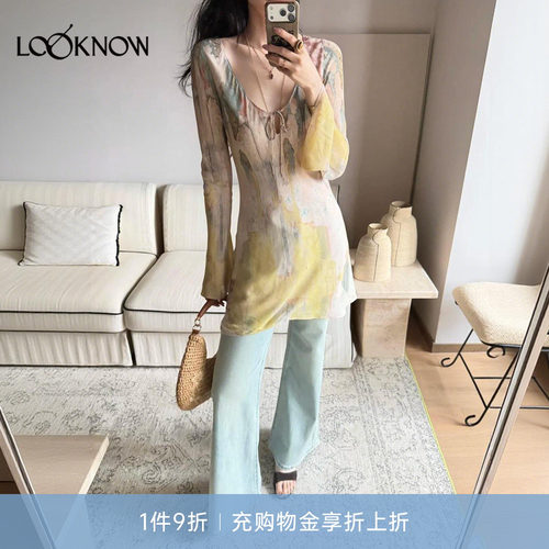 if by land x LOOKNOW2026春夏新品多色墙壁喇叭袖雪纺印花连衣裙