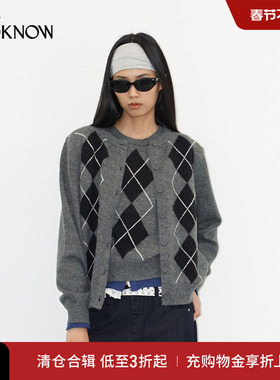 madeinormal X LOOKNOW2025秋冬新款灰色真两件菱形格毛衣女