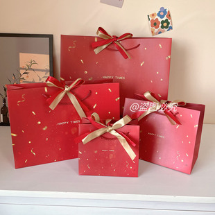 高级感红色喜庆礼品袋结婚伴手礼纸袋子新年节日礼物手提袋配丝带