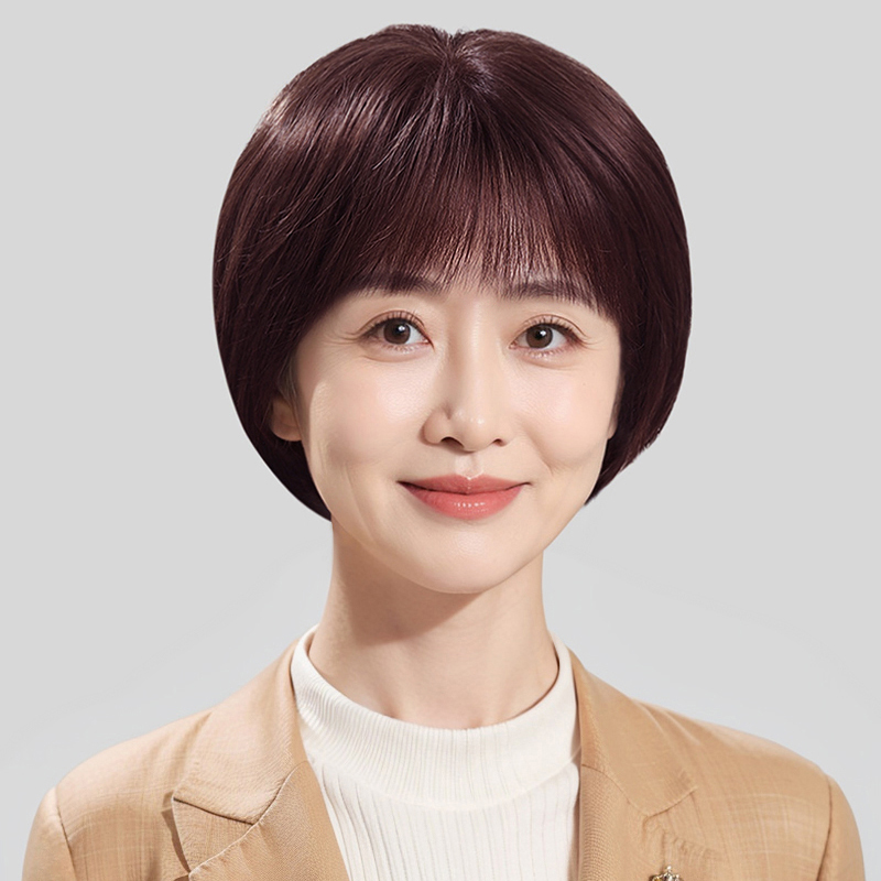 假发女短发全头套真人发丝波波头发仿真自然圆脸真发发套仿真妈妈