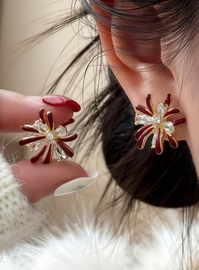 银针锆石滴油烟花耳钉精致百搭新年红色耳环轻奢感气质耳饰女