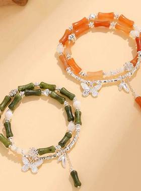 马蹄贝珠双圈竹节串珠粉水晶手链女新中式黄东陵橄榄玉手串