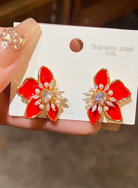 18k真金电镀爱心花朵锆石珍珠耳钉时尚红色耳环轻奢感耳饰女