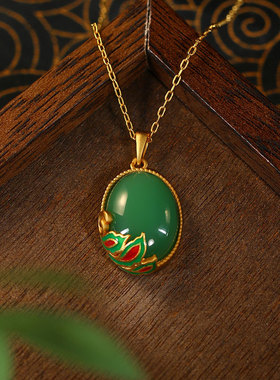 小红书爆款真金电镀镶祖母绿仿玉石兰花蛋面项链女国潮古风首饰